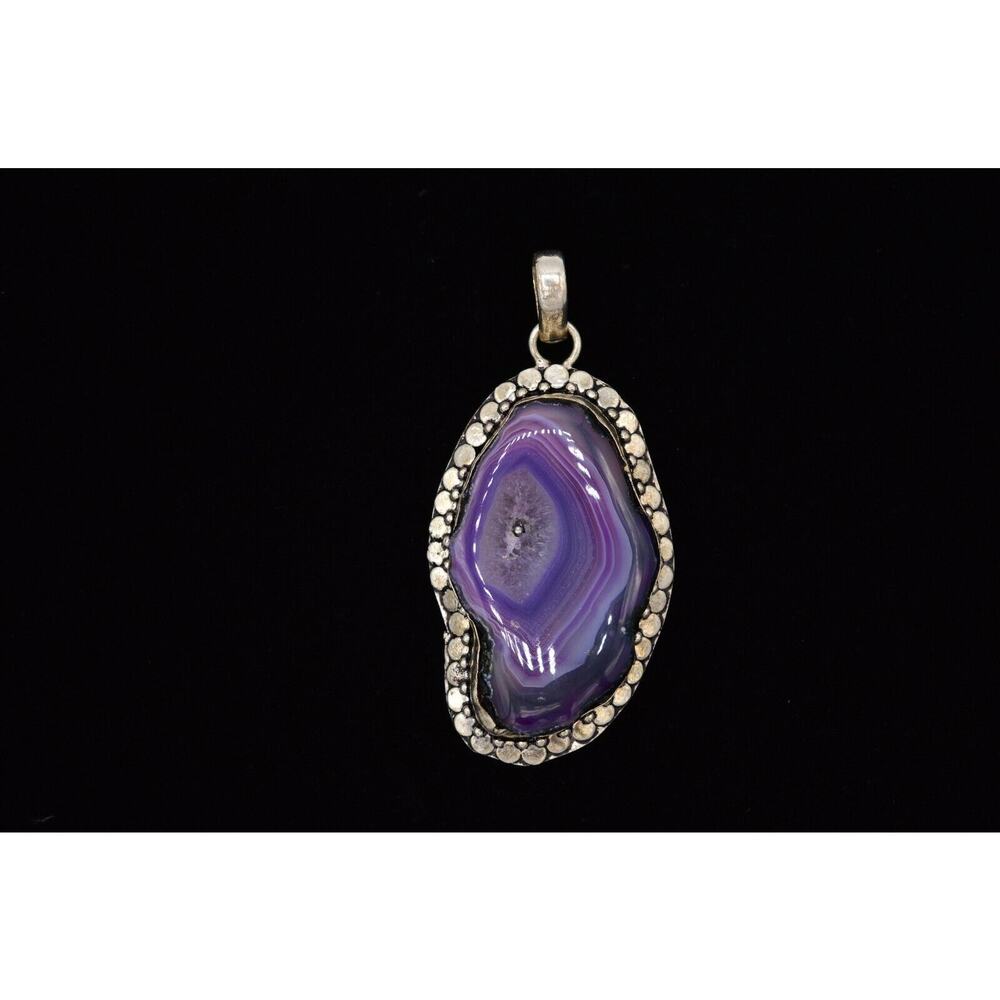 Vintage Geode Pendant 925 Sterling Silver Gemstone Crystal Deep Purple Stone